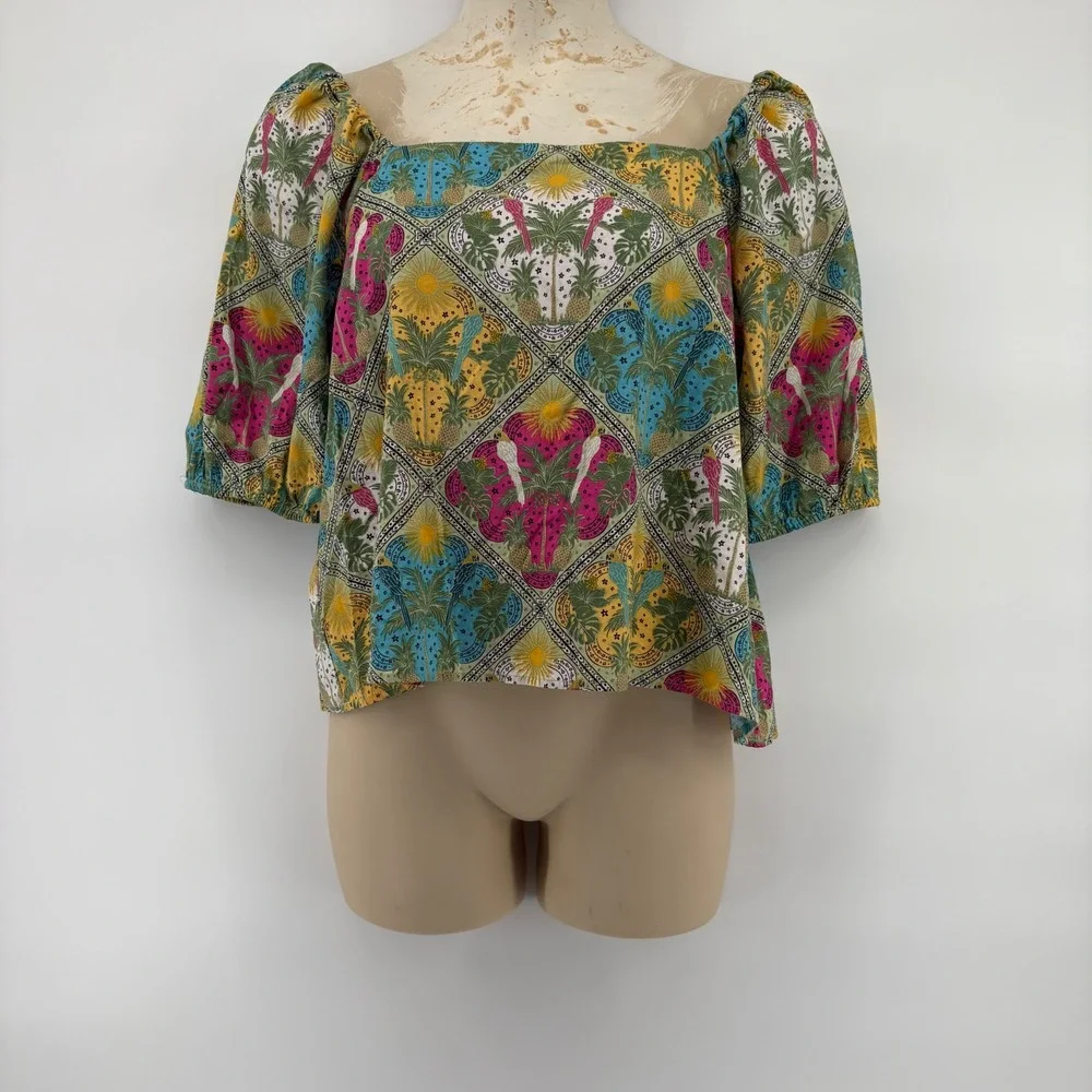 Loft Women's L Top Parrot Pineapple Print‎ Square Neck Sleeve Peasant Blouse